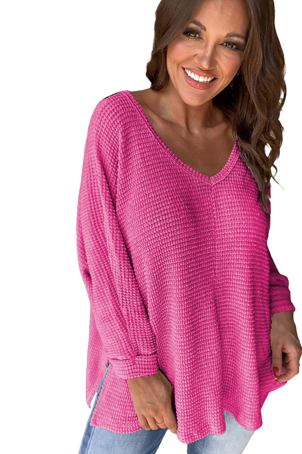 Rose Red Waffle Knit Side Slits Loose Fit V Neck Top