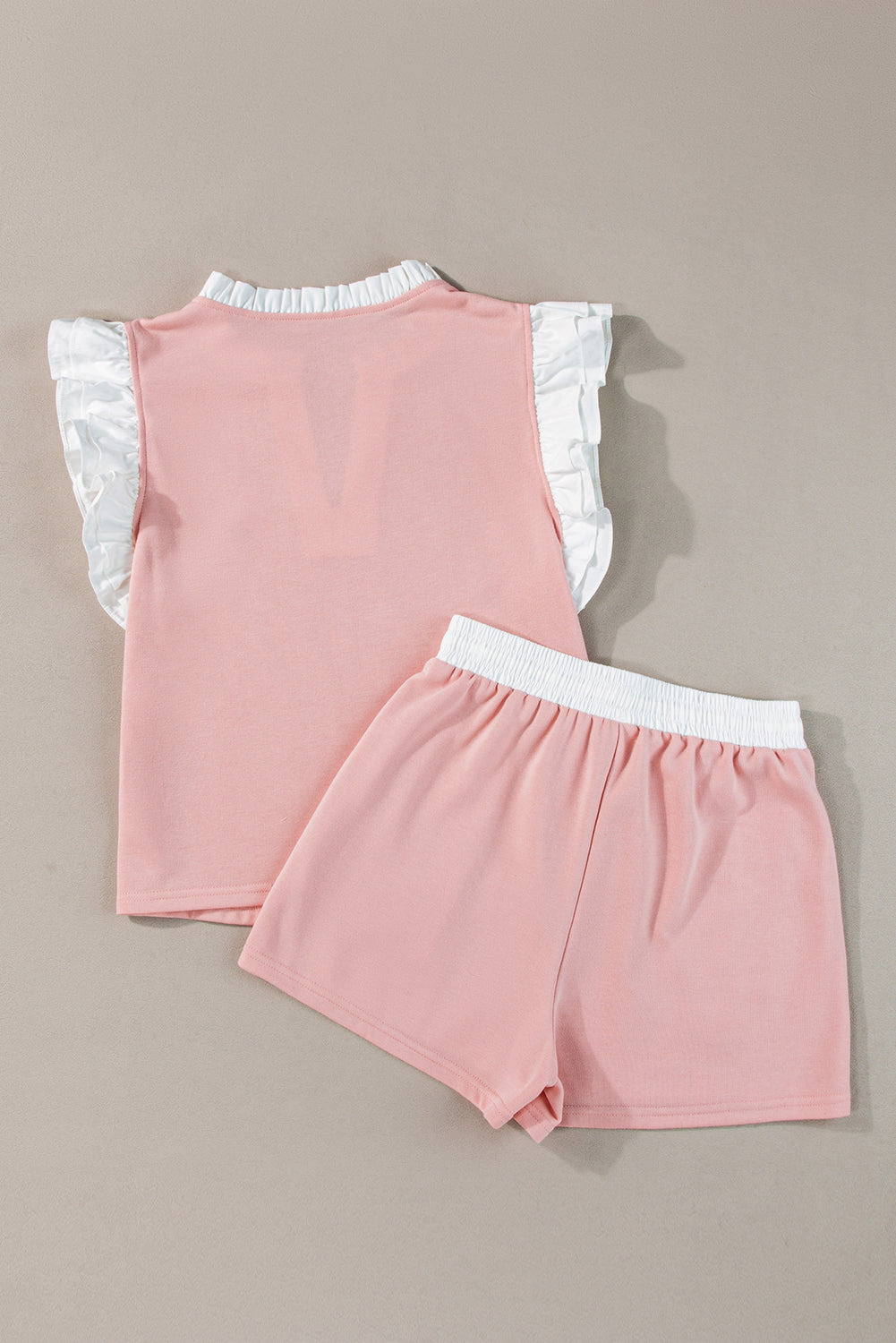 Light Pink Contrast Trim Ruffled Top and Drawstring Shorts Set