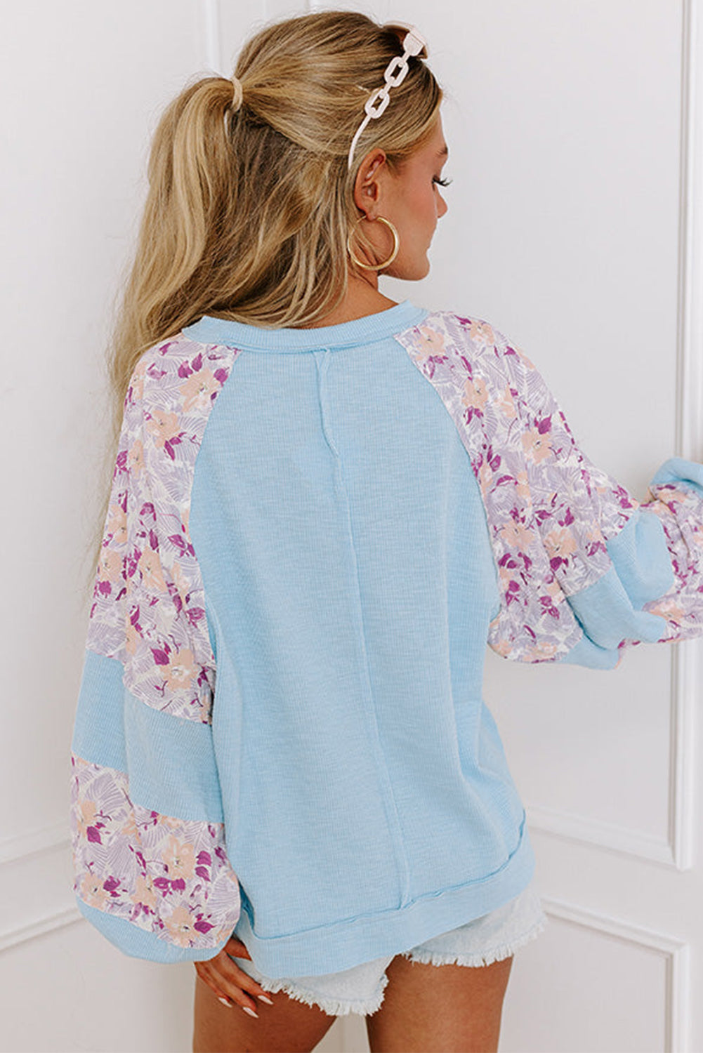 Apricot Ribbed Floral Patchwork Balloon Sleeve Top