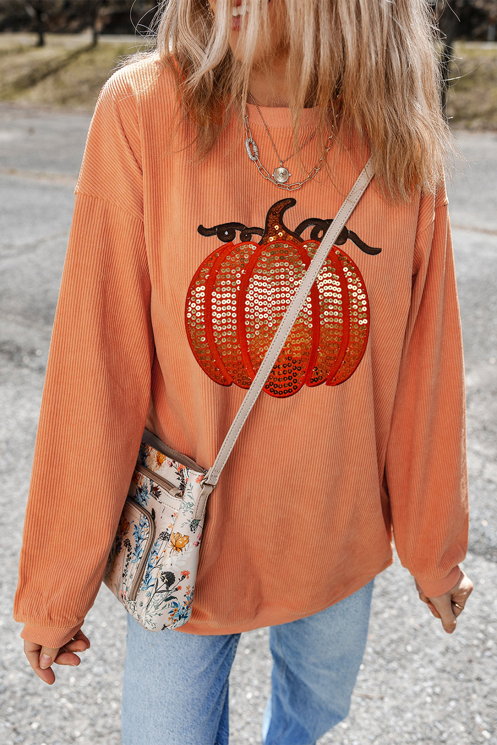 Grass Green Crinkle Ribbed Sequin Pumpkin Graphic Sweatshirt