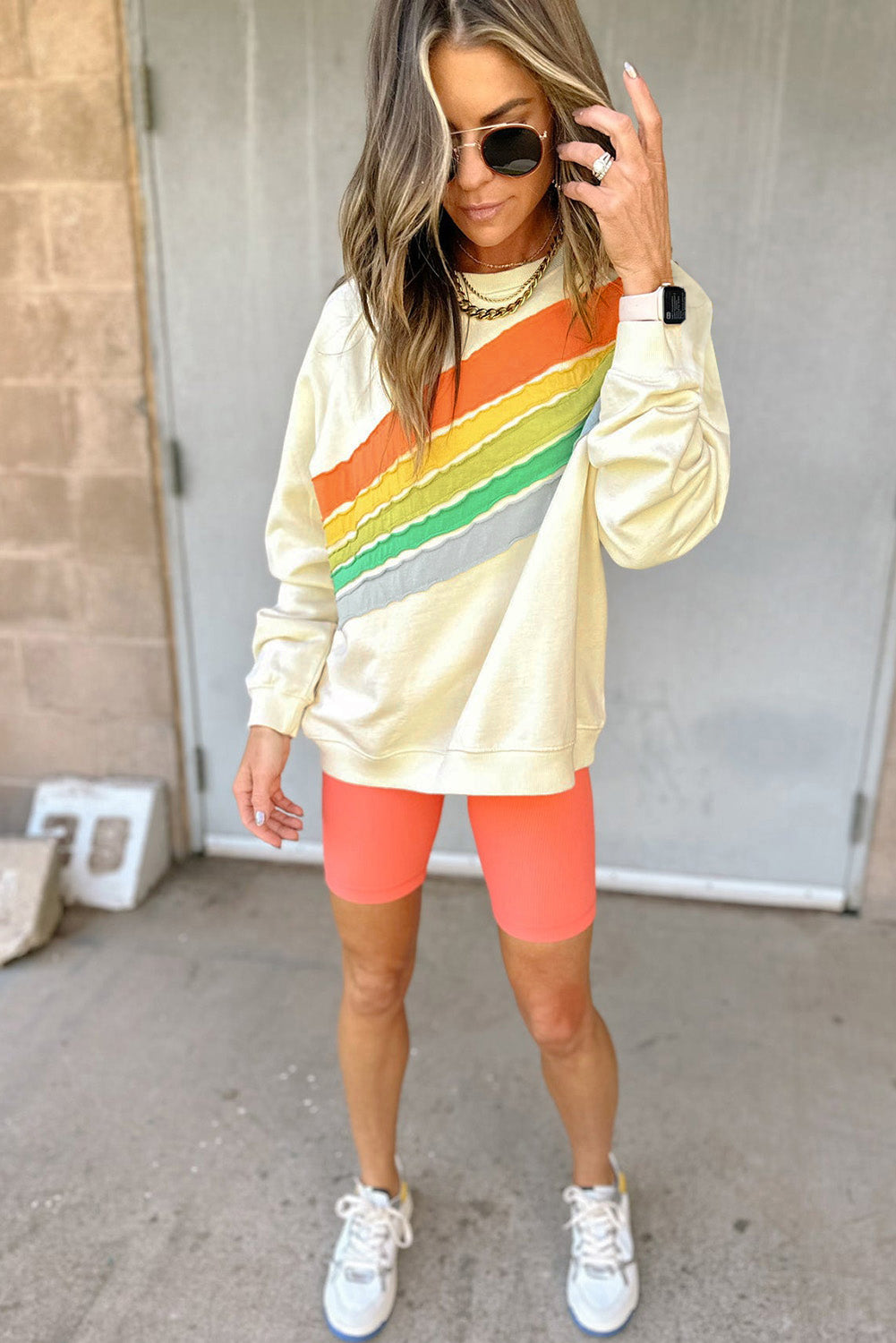 Apricot Rainbow Colorblock Striped Pullover Sweatshirt