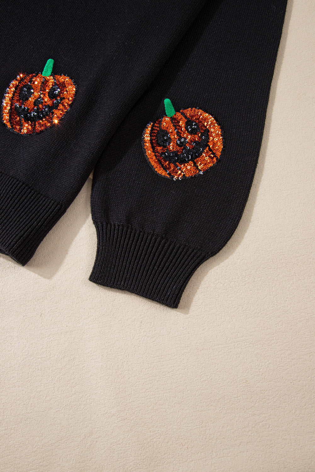 Black Plus Size Halloween Sequined Pumpkin Pattern Sweater