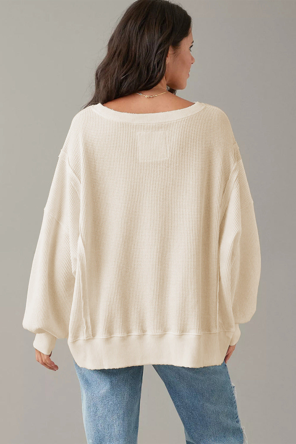 White Waffle Bishop Sleeve Split Oversized Sweatshirt