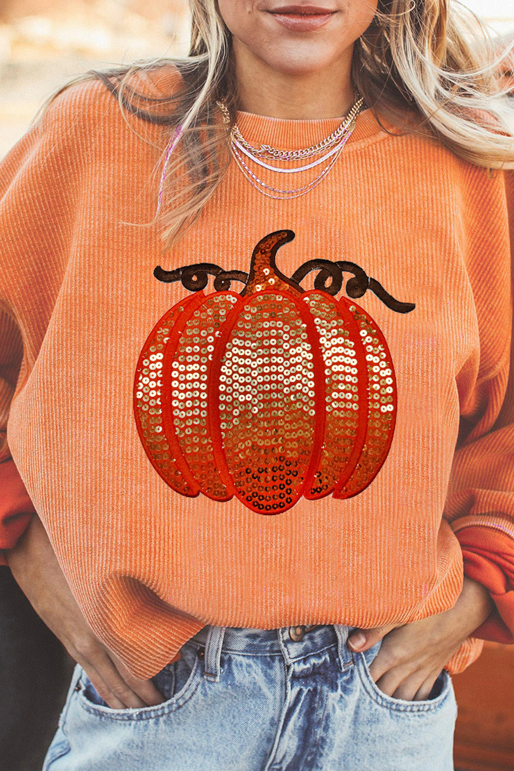 Grass Green Crinkle Ribbed Sequin Pumpkin Graphic Sweatshirt