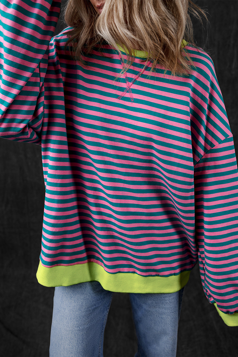 Blue Stripe Oversized Contrast Trim Pullover Sweatshirt