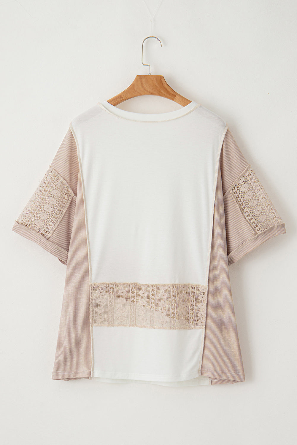 White Lace Splicing Ribbed Patchwork Short Sleeve Henley Top