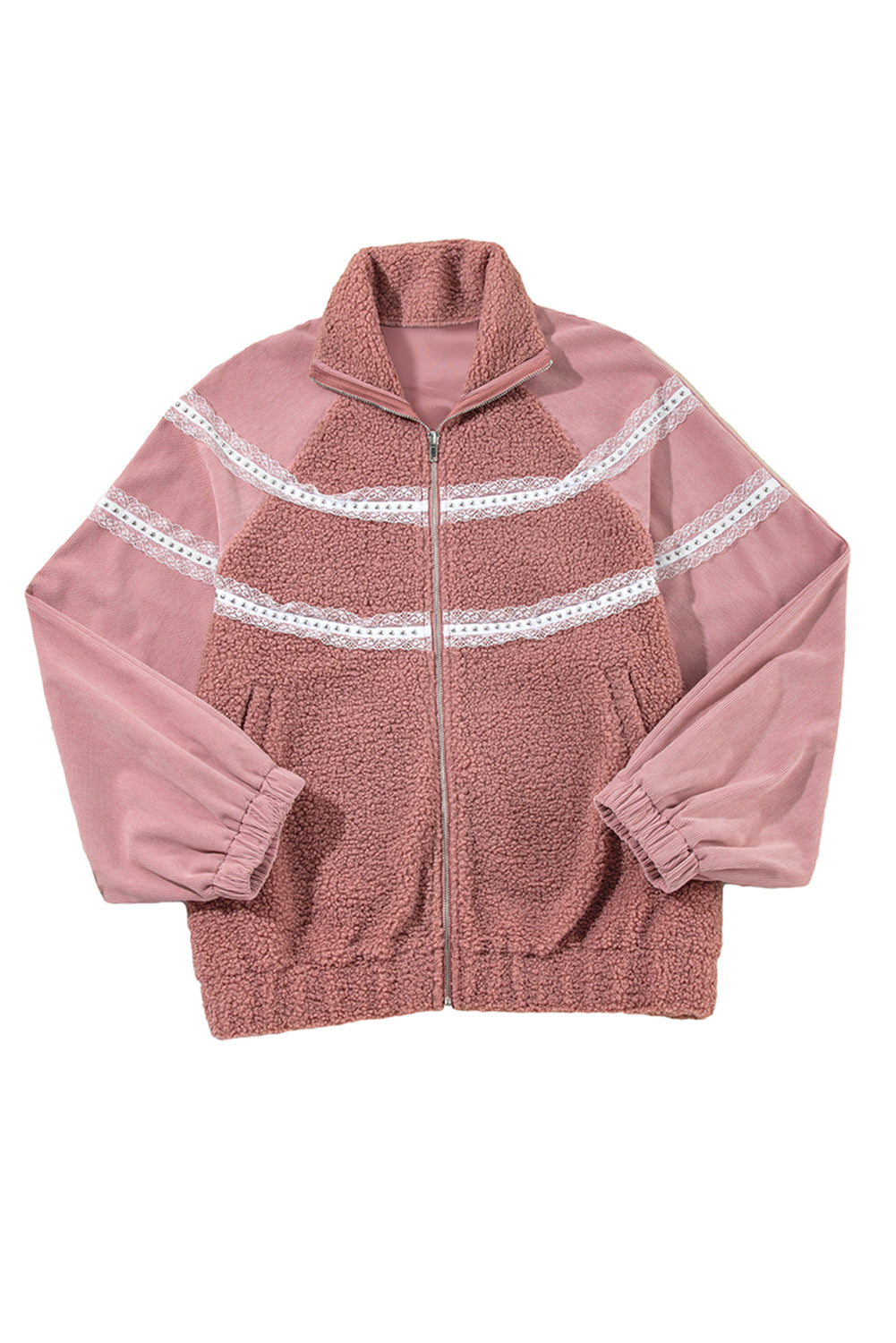 Rose Pink Sherpa Patchwork Lace Elastic Cuff Zip Up Jacket