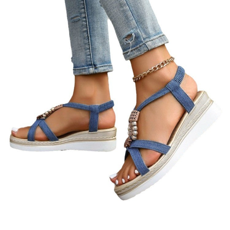 Summer Open Toed Beaded Wedge Sandals