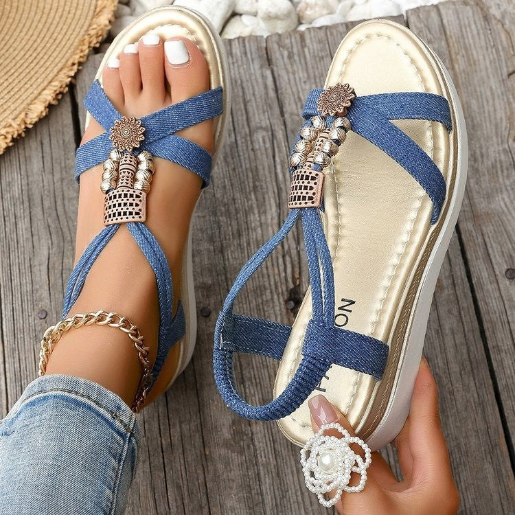 Summer Open Toed Beaded Wedge Sandals