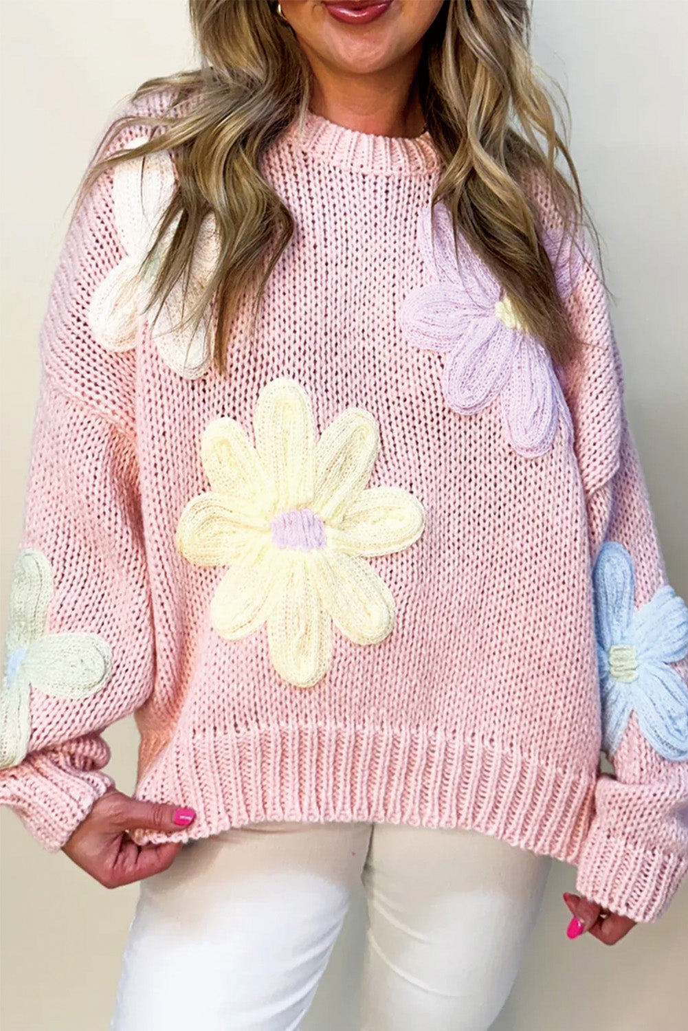 Pink 60s Flower Drop Sleeve Cable Knit Sweater