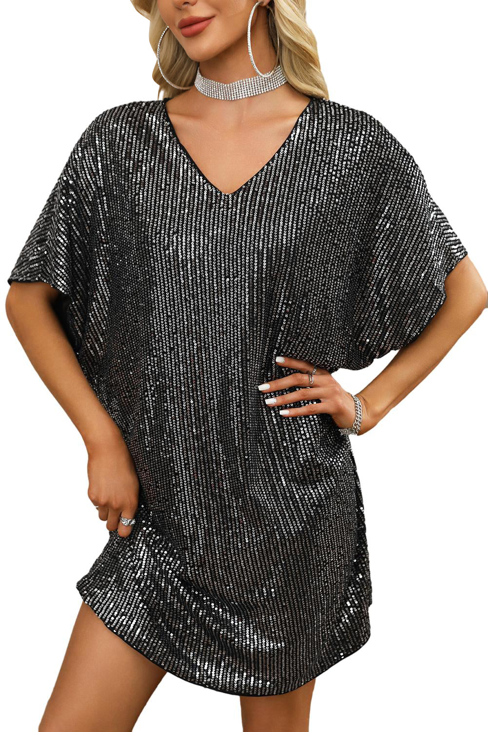 Dark Grey Sequin V Neck Dolman Sleeve Shift Dress