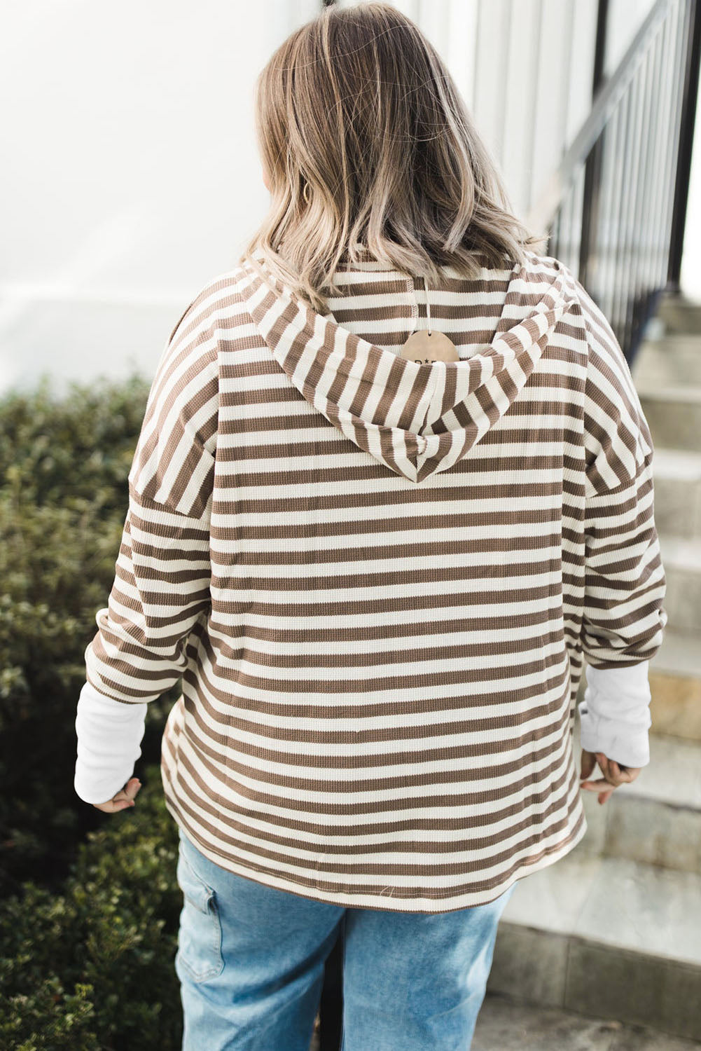 Brown Stripe Drop Sleeve Plus Size Henley Hoodie