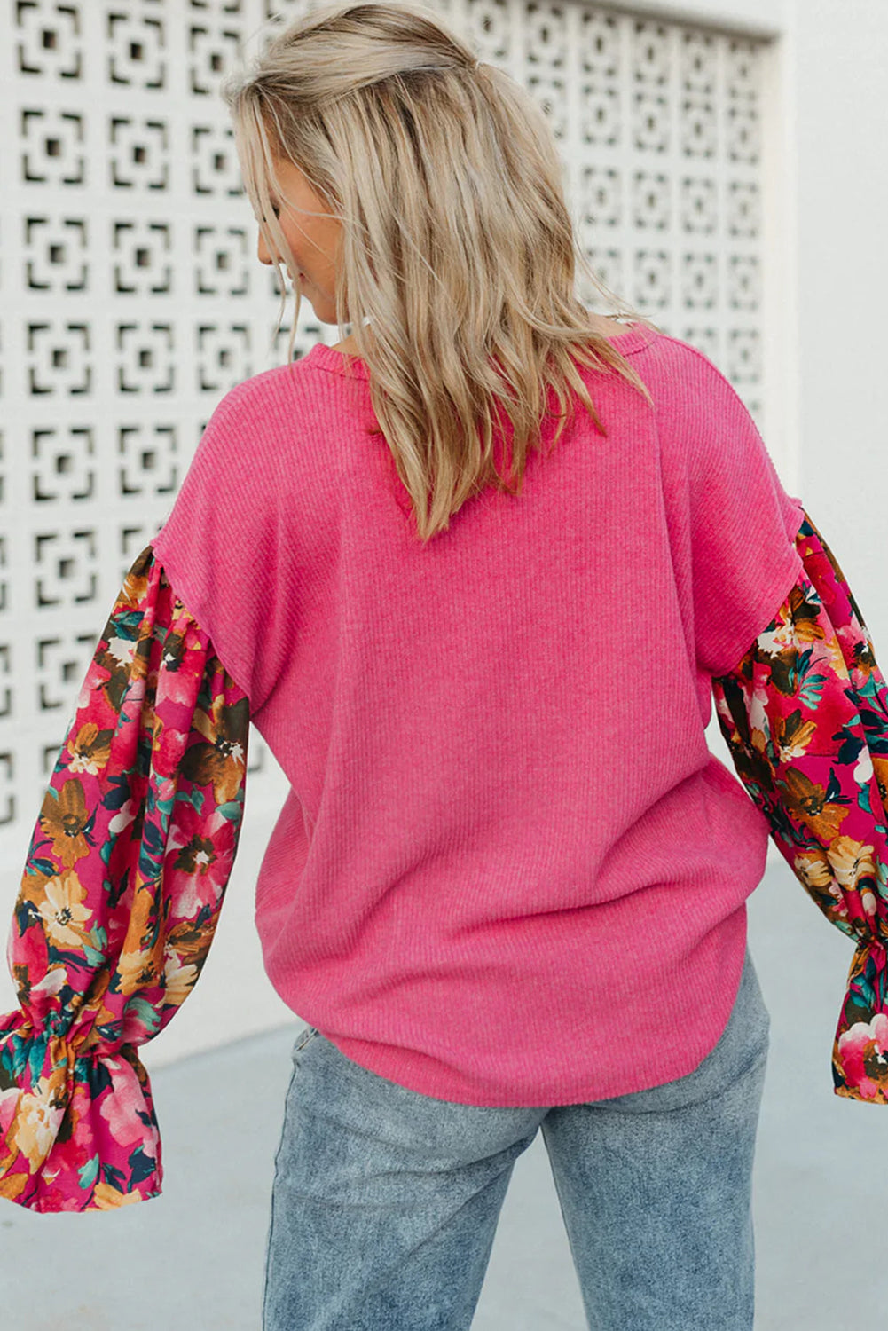 Bright Pink Floral Patchwork Flounce Sleeve Rib Knit Plus Top