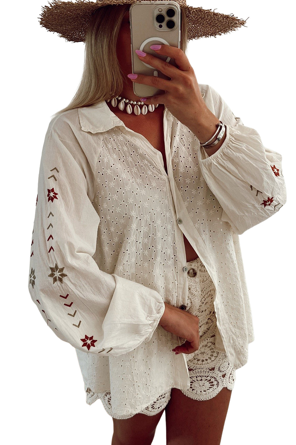 White Floral Embroidered Puff Sleeve Eyelet Patchwork Shirt