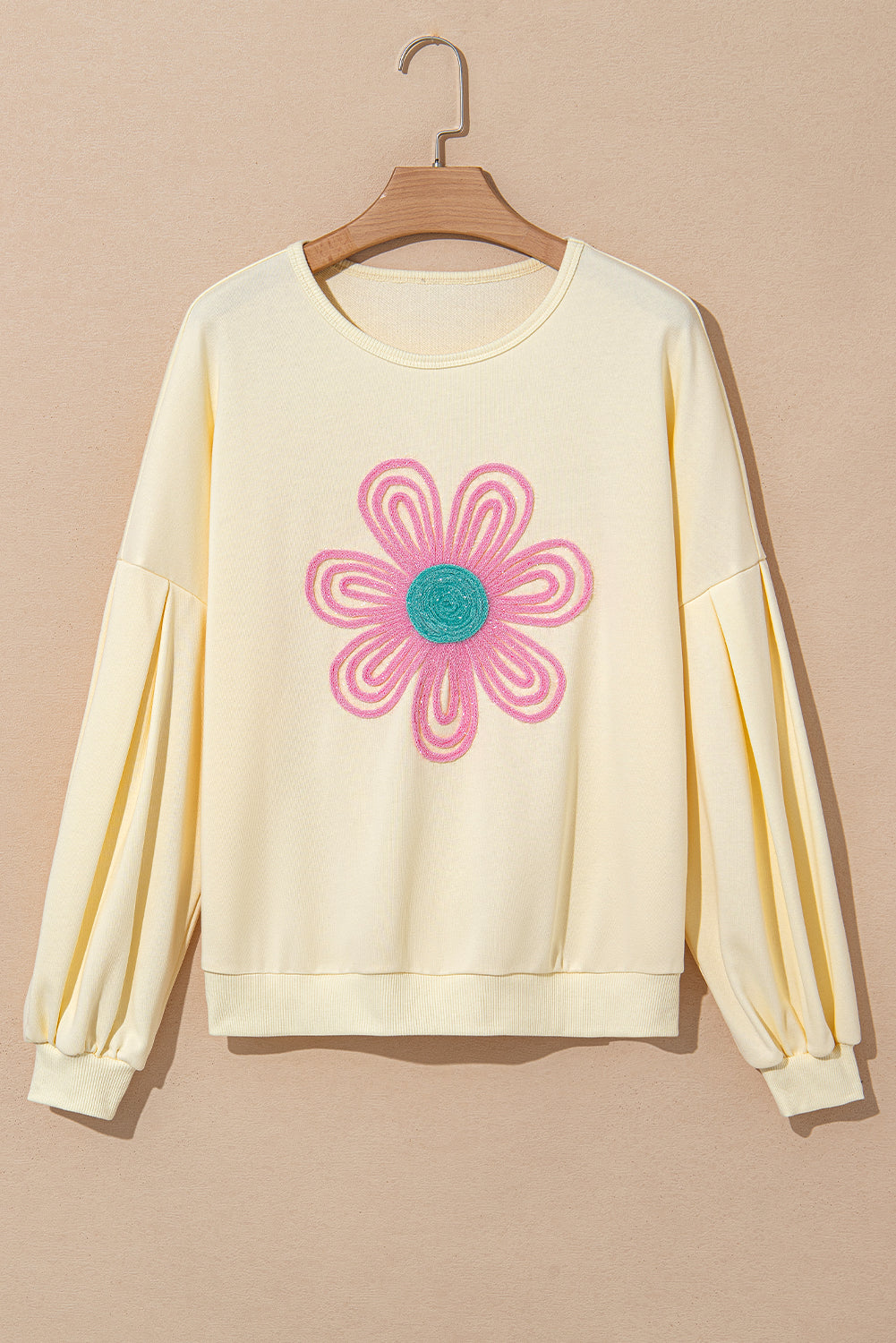 Beige Cute Tinsel Flower Puff Sleeve Sweatshirt