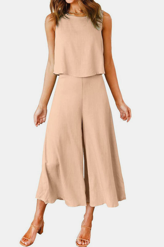 Round Neck Top and Wide Leg Pants Set