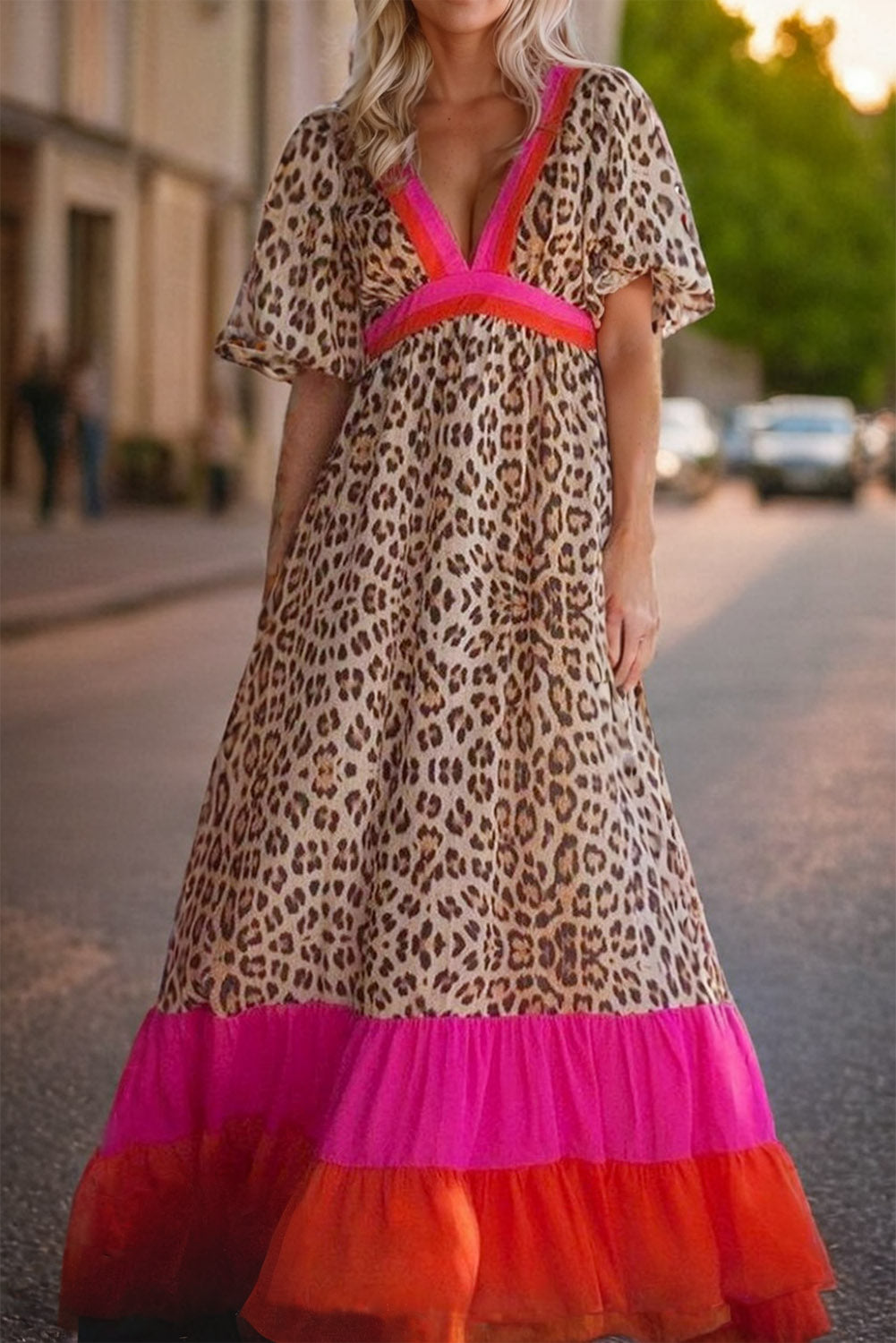 Bright Pink V-neck Leopard Print Colorblock Maxi Dress