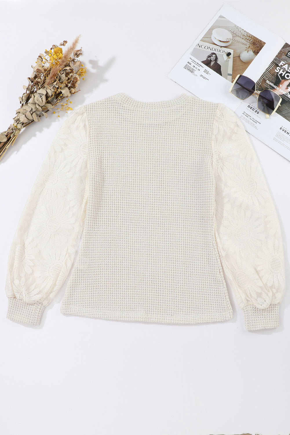 Peach Blossom Sunflower Lace Long Sleeve Waffle Knit Top