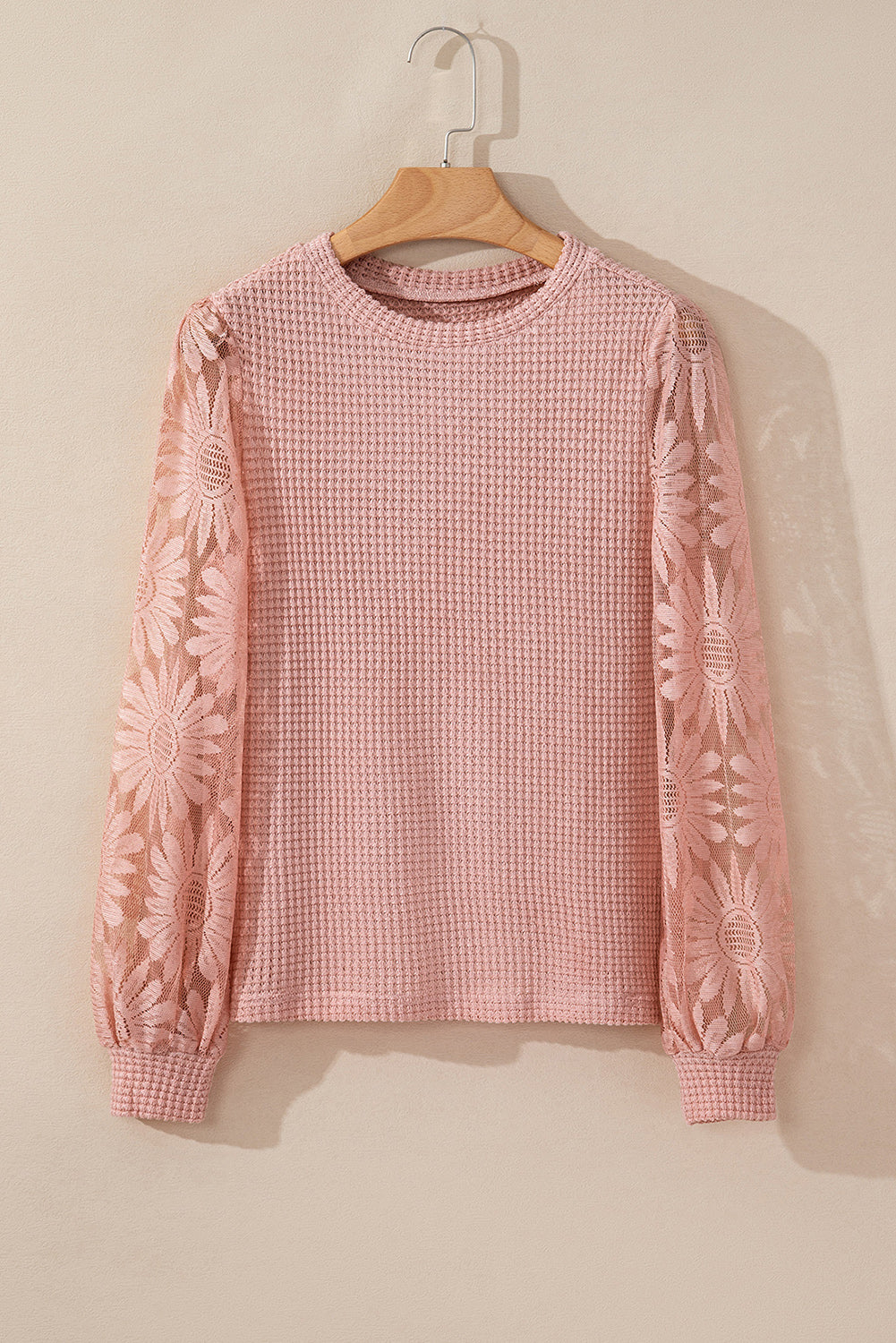 Peach Blossom Sunflower Lace Long Sleeve Waffle Knit Top