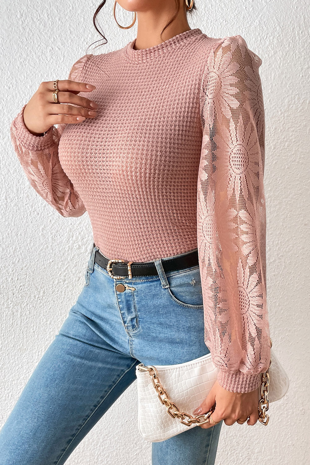 Peach Blossom Sunflower Lace Long Sleeve Waffle Knit Top