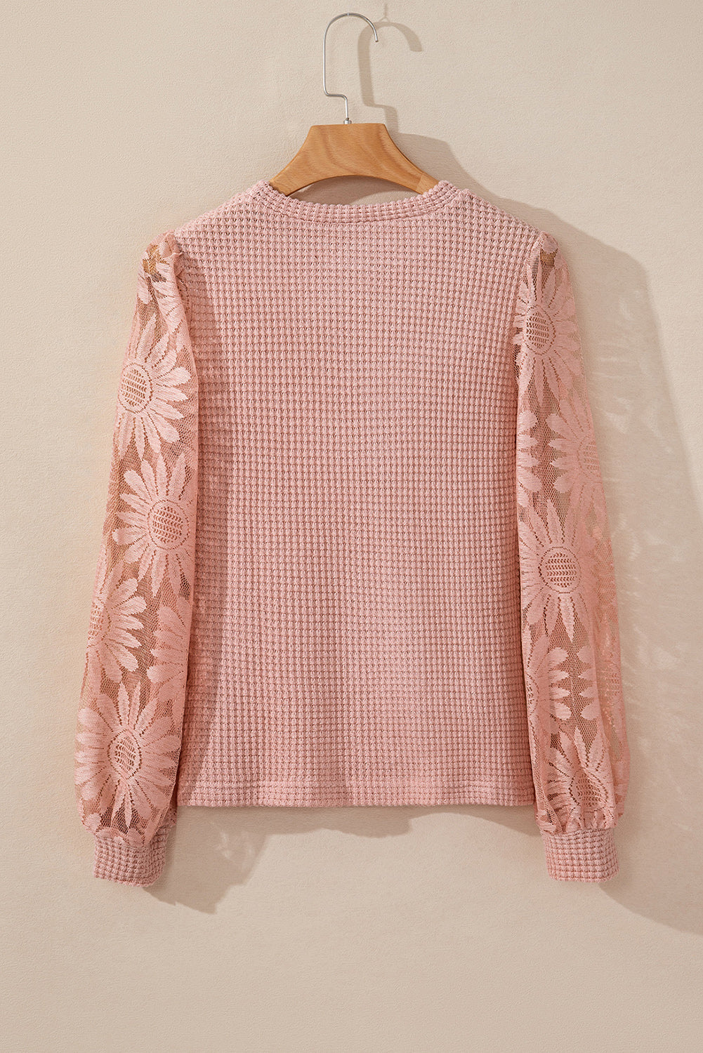 Peach Blossom Sunflower Lace Long Sleeve Waffle Knit Top