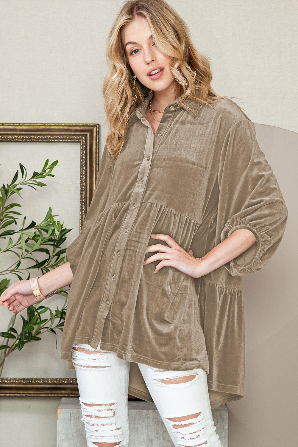 Chestnut Lantern Sleeve Tunic Babydoll Velvet Shirt