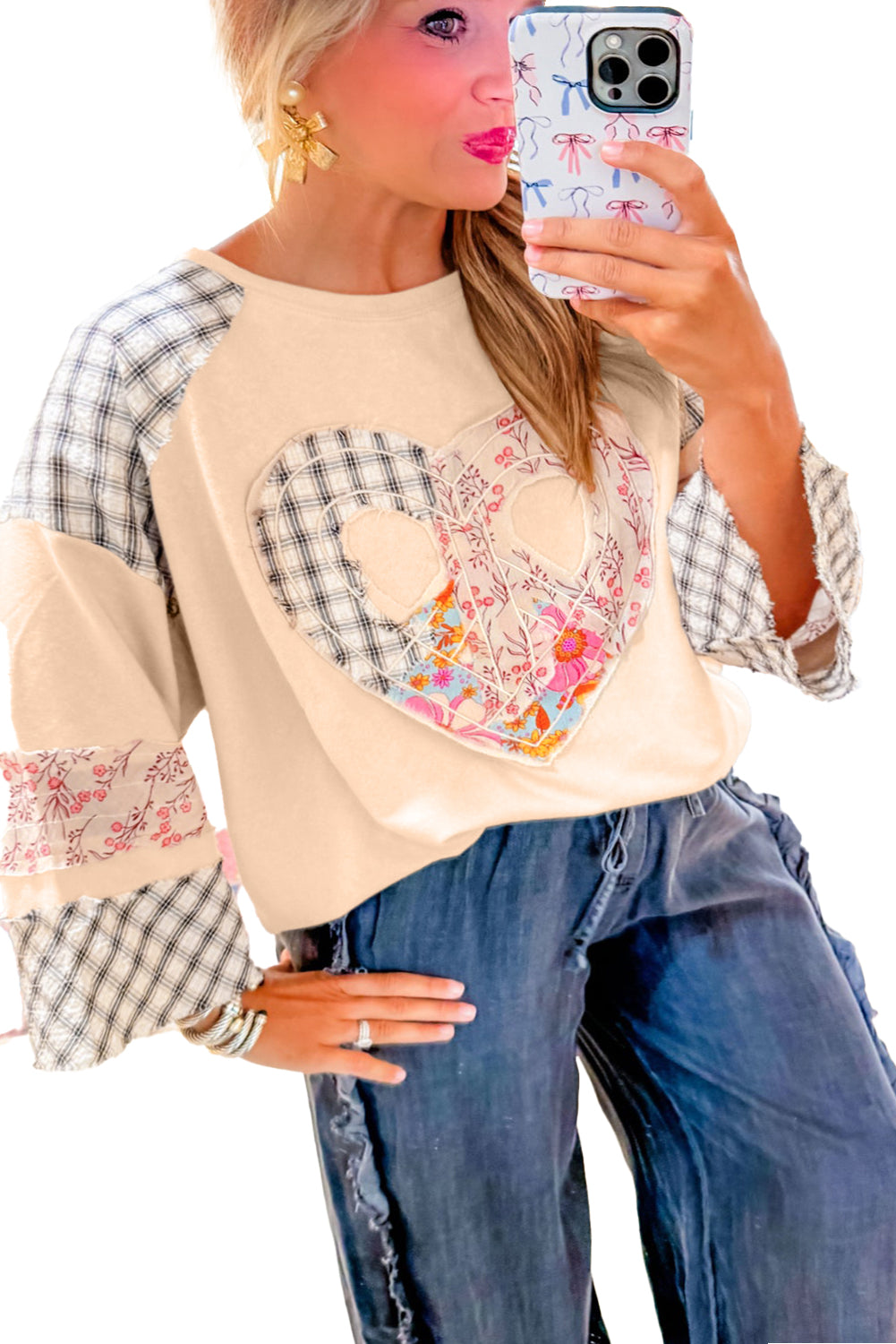 Aqua Plaid Floral Patchwork Heart Long Sleeve Top