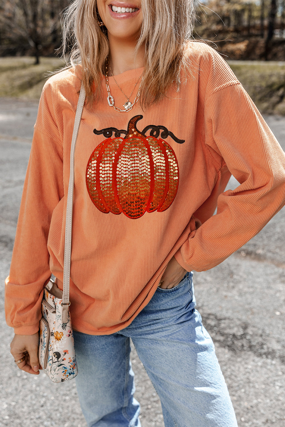 Grass Green Crinkle Ribbed Sequin Pumpkin Graphic Sweatshirt