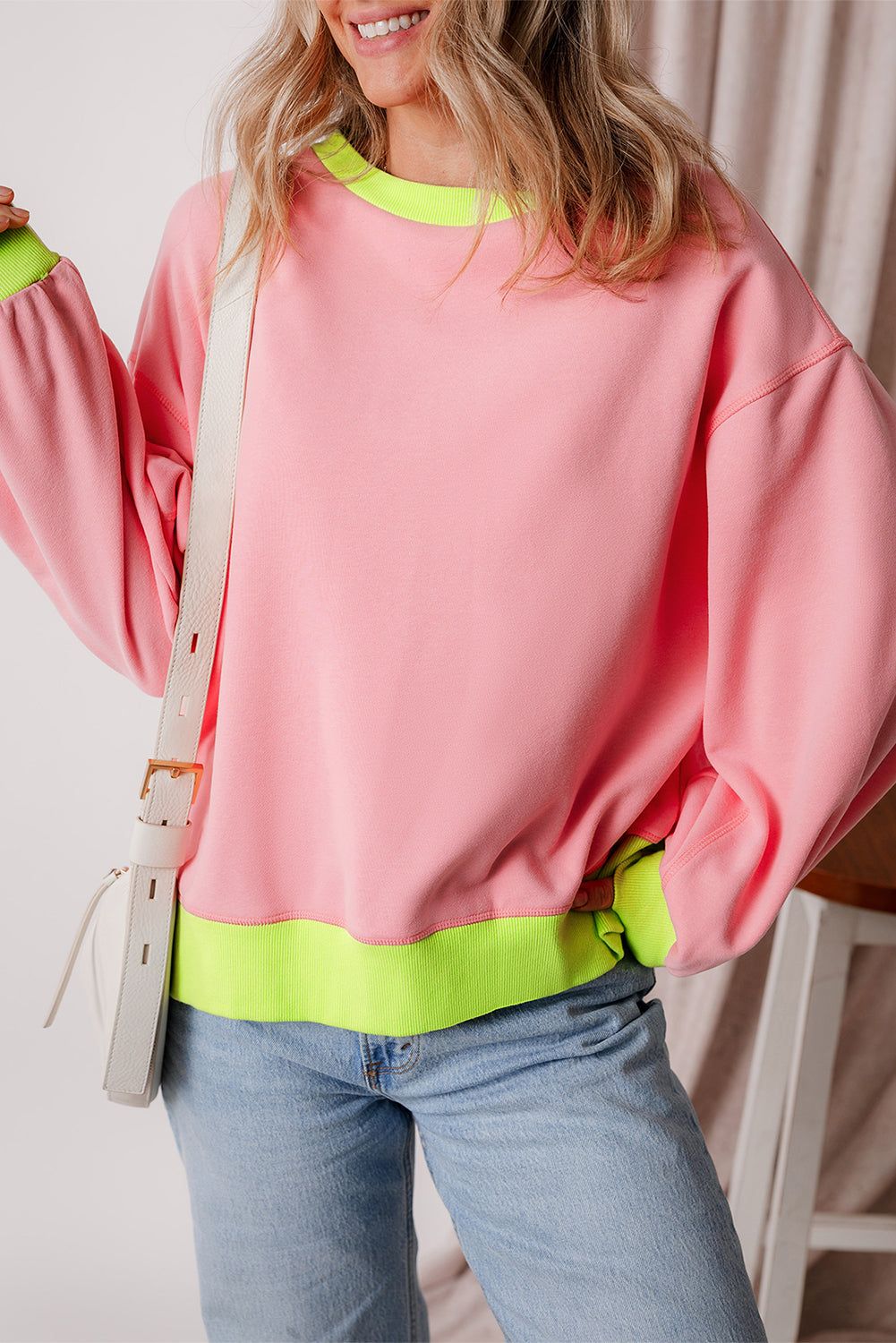 Pink Colorblock Bubble Sleeve Sweatshirt