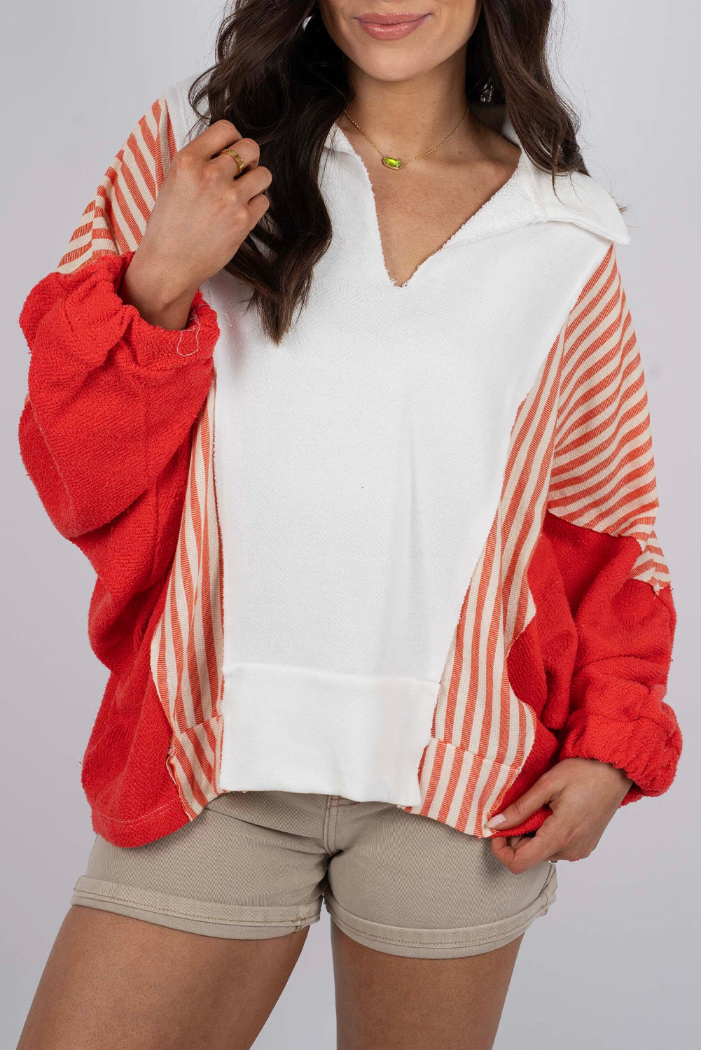 White Striped Color Block Collared V Neck Oversized Sweatshirt