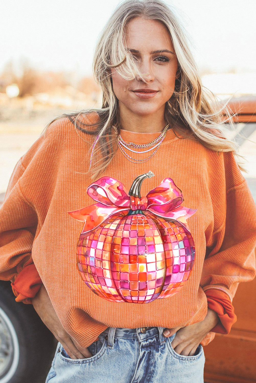 Orange-3 Bow Pumpkin Graphic Crewneck Corded Thanksgiving Sweatshirt