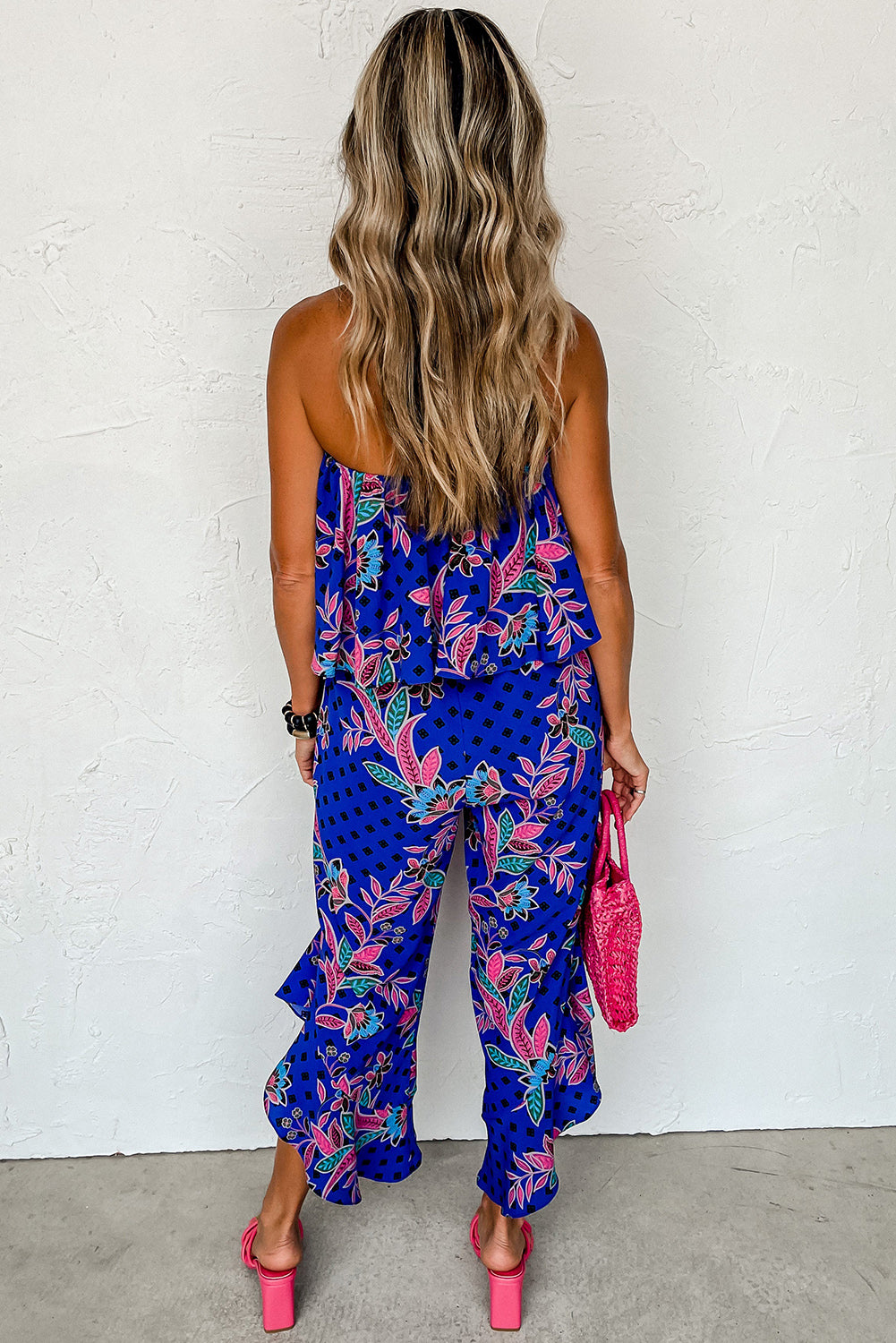 Red Mix Tropical Print Strapless Ruffled Jumpsuit