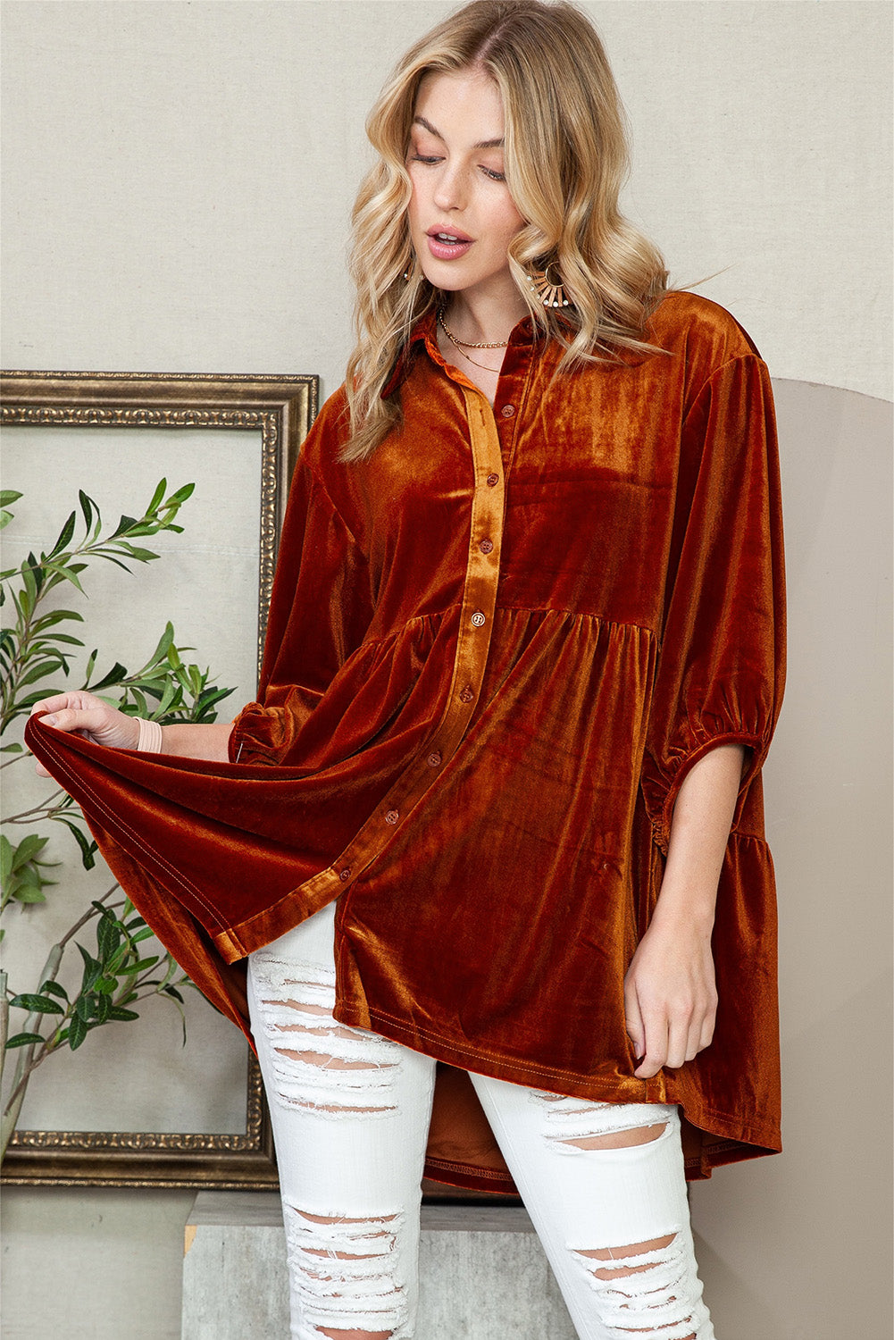 Chestnut Lantern Sleeve Tunic Babydoll Velvet Shirt