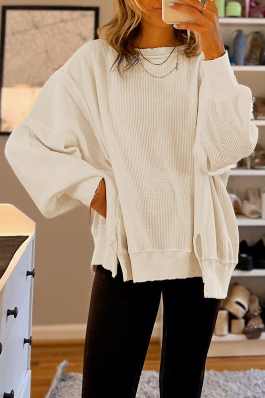 White Waffle Bishop Sleeve Split Oversized Sweatshirt