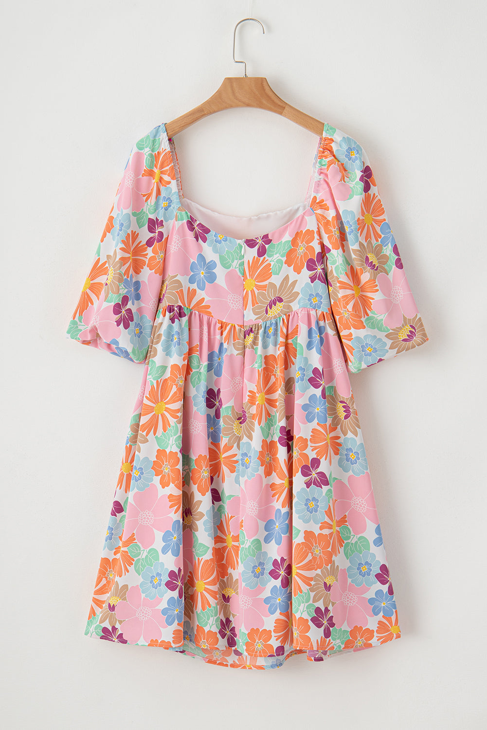 Rose Summer Floral Square Neck Puff Sleeve Babydoll Dress