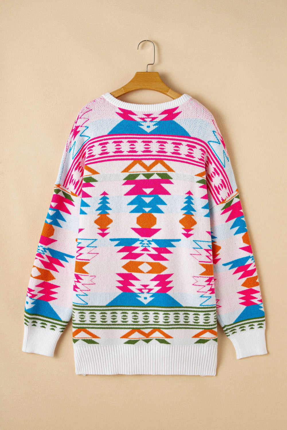 White Oversize Aztec Print High Low V Neck Sweater