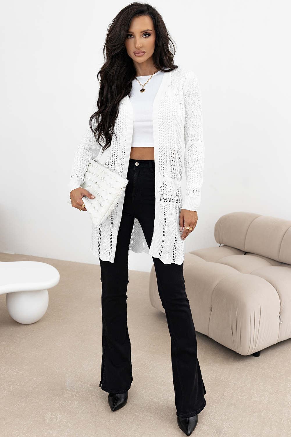 White Crochet Hollow Out Open Front Cardigan