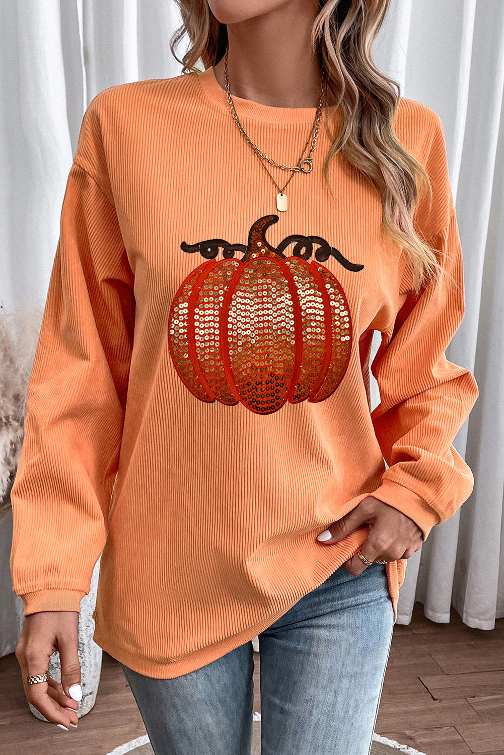 Grass Green Crinkle Ribbed Sequin Pumpkin Graphic Sweatshirt