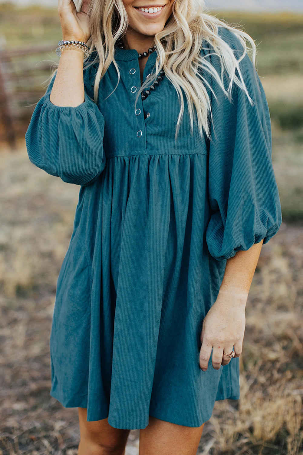 Vineyard Green Corduroy Snap Buttons Empire Waist Bracelet Sleeve Dress