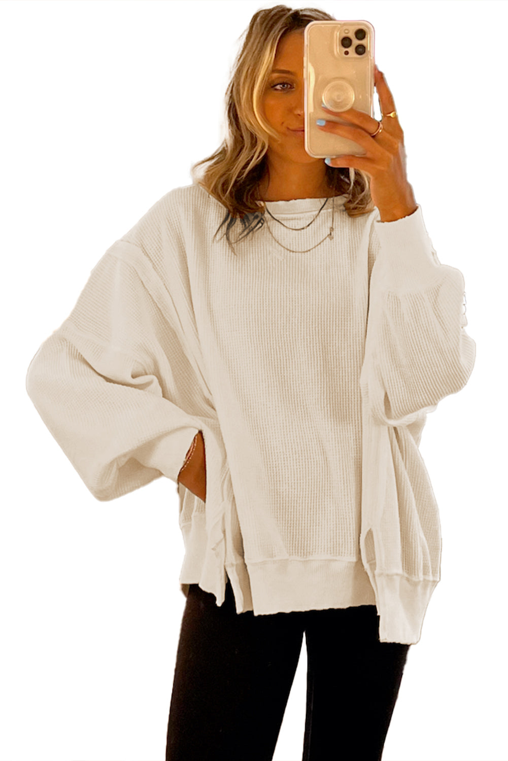 White Waffle Bishop Sleeve Split Oversized Sweatshirt