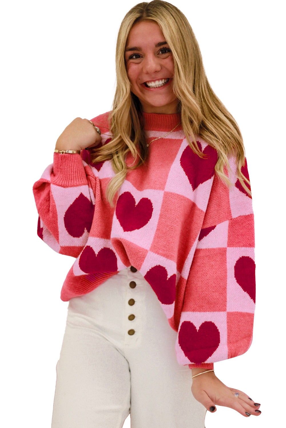 Pink Plus Size Heart Colorblock Mock Neck Lantern Sleeve Sweater