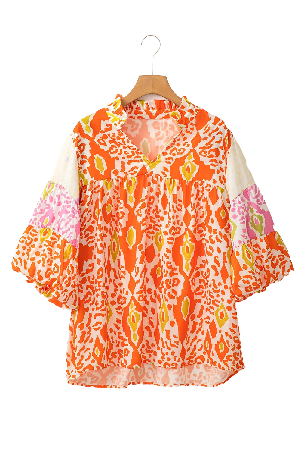 Orange Leopard Colorblock Puff Sleeve Split Neck Blouse