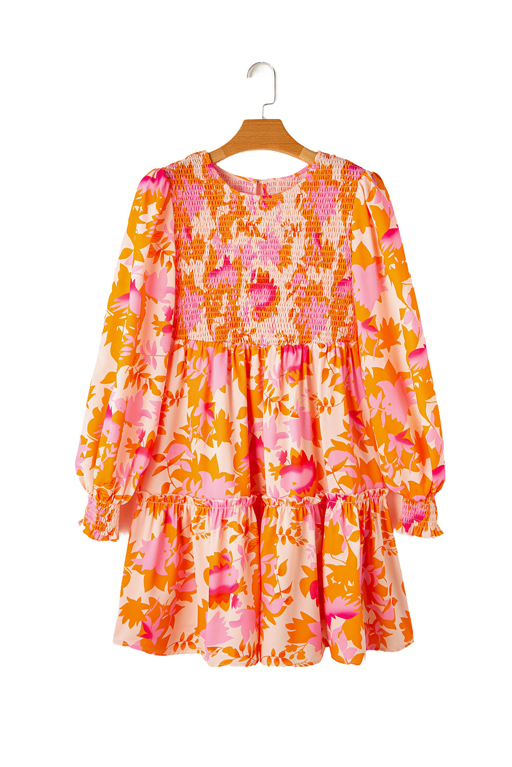 Orange Abstract Print Smocked Bust Lantern Sleeve Ruffle Mini Dress