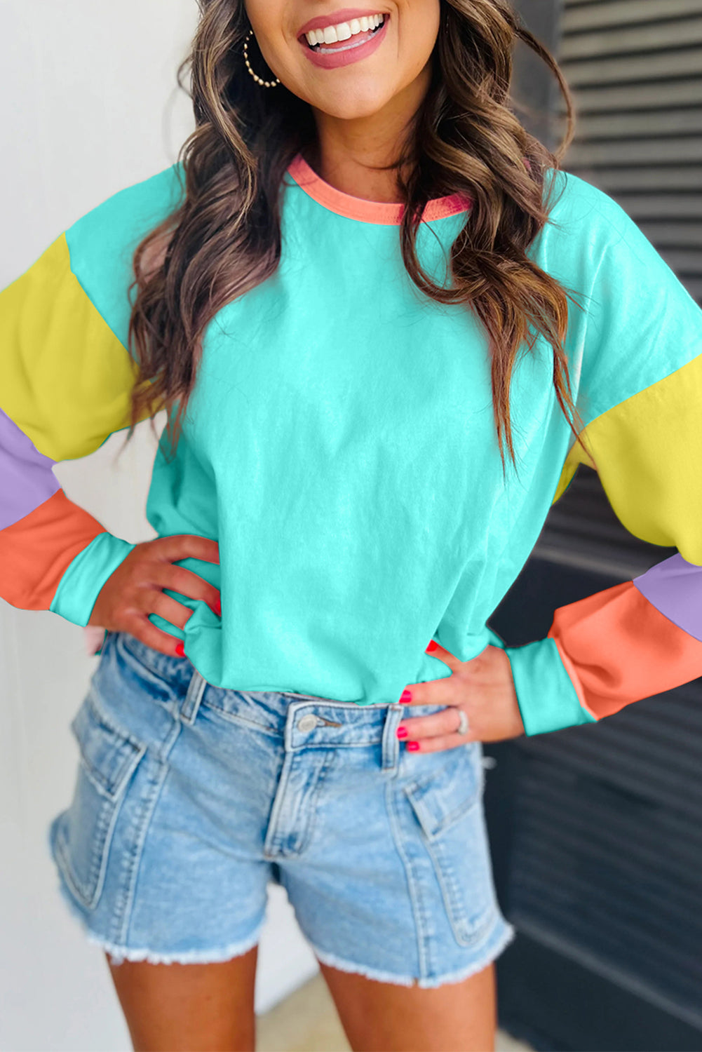 Green Colorblock Patchwork Long Sleeve Loose Top