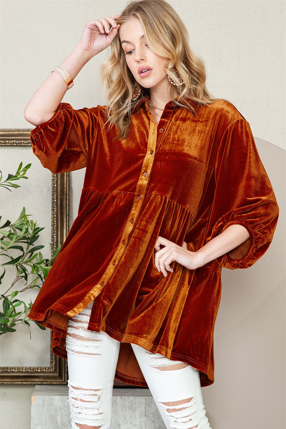 Chestnut Lantern Sleeve Tunic Babydoll Velvet Shirt