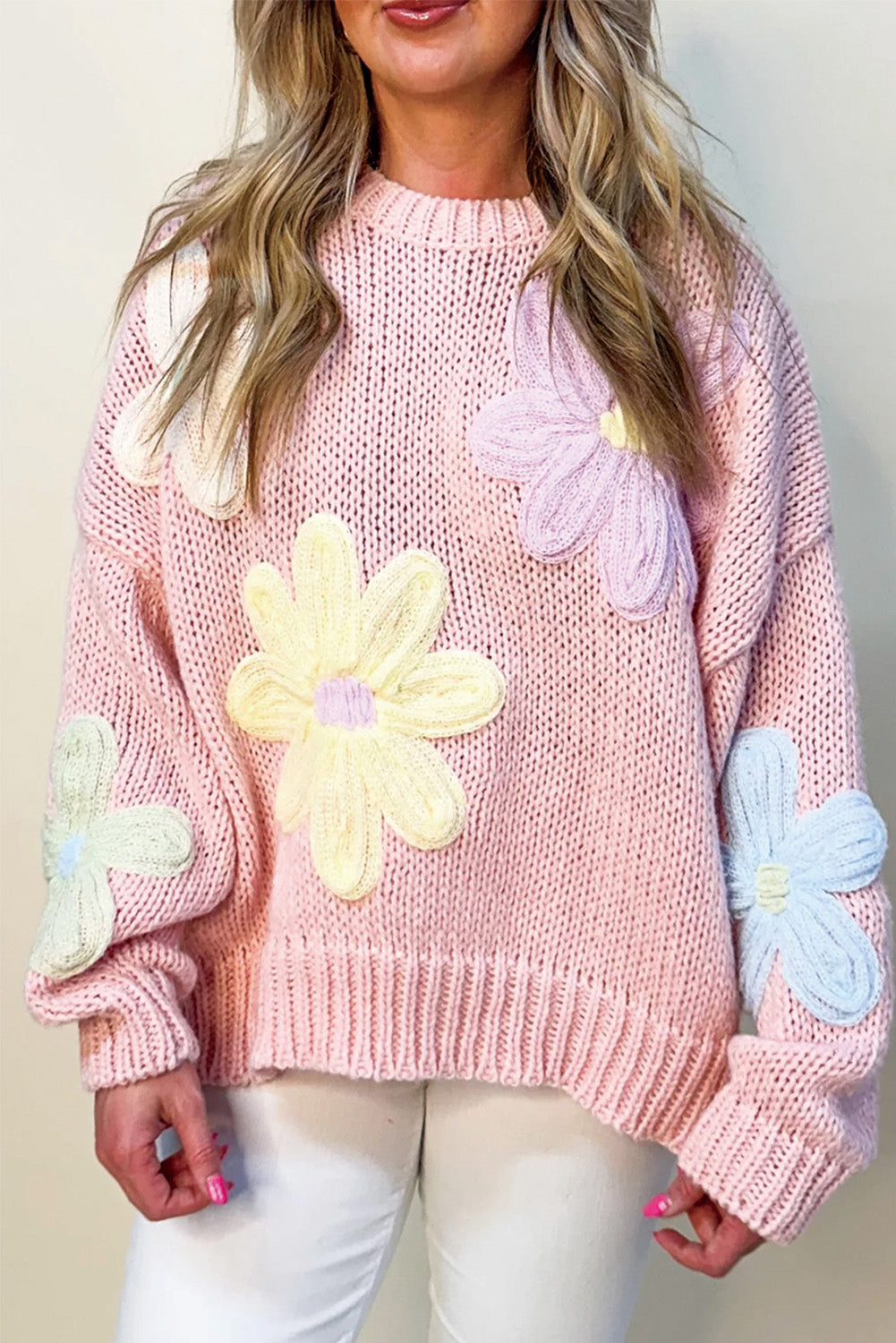 Pink 60s Flower Drop Sleeve Cable Knit Sweater