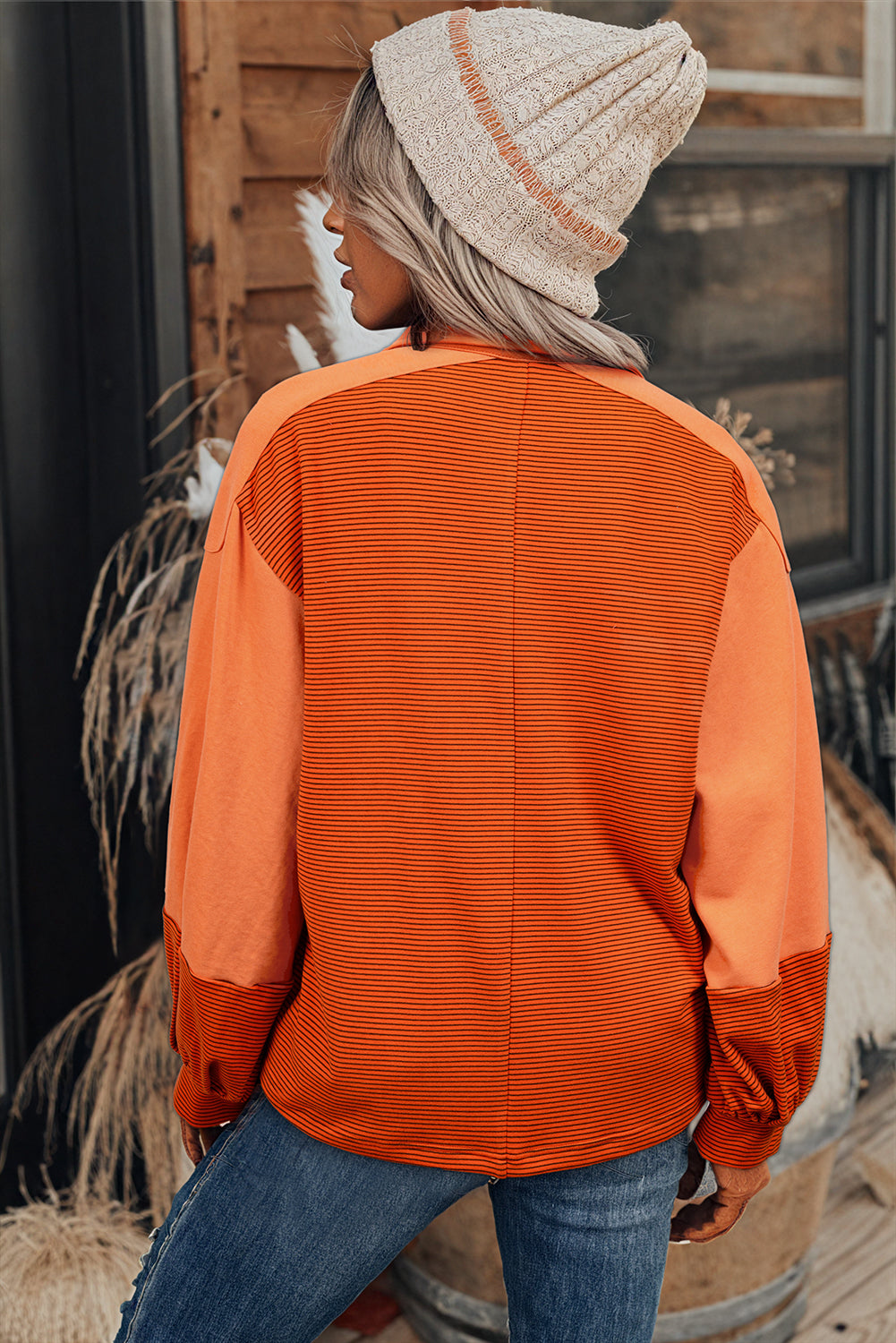 Orange Exposed Seam Puff Sleeve Henley Sweatshirt