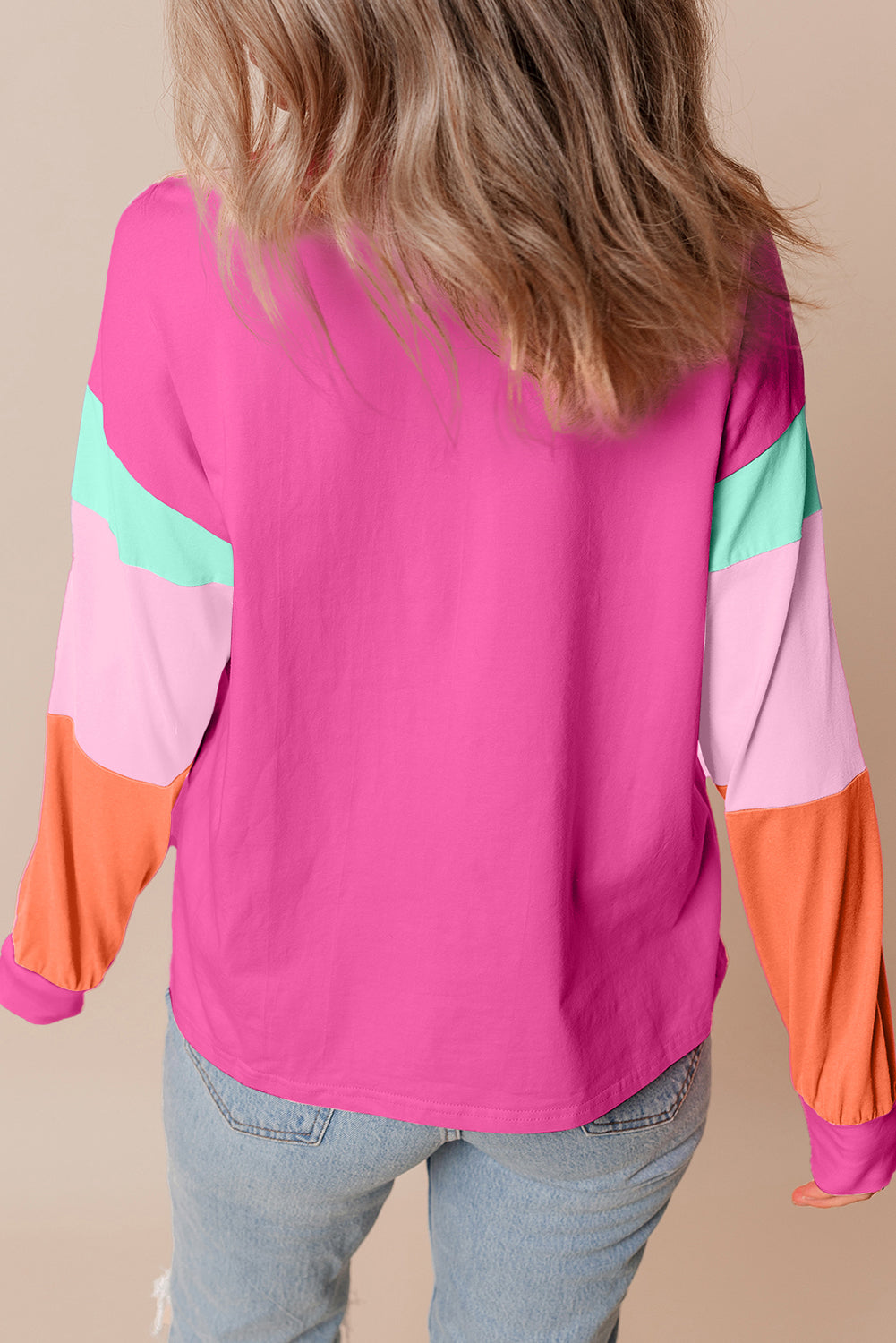 Green Colorblock Patchwork Long Sleeve Loose Top