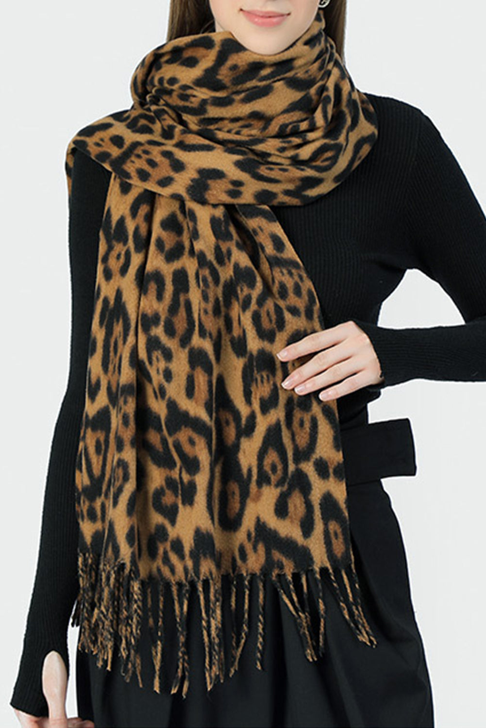 Coffee Leopard Print Fringe Warm Large Scarf