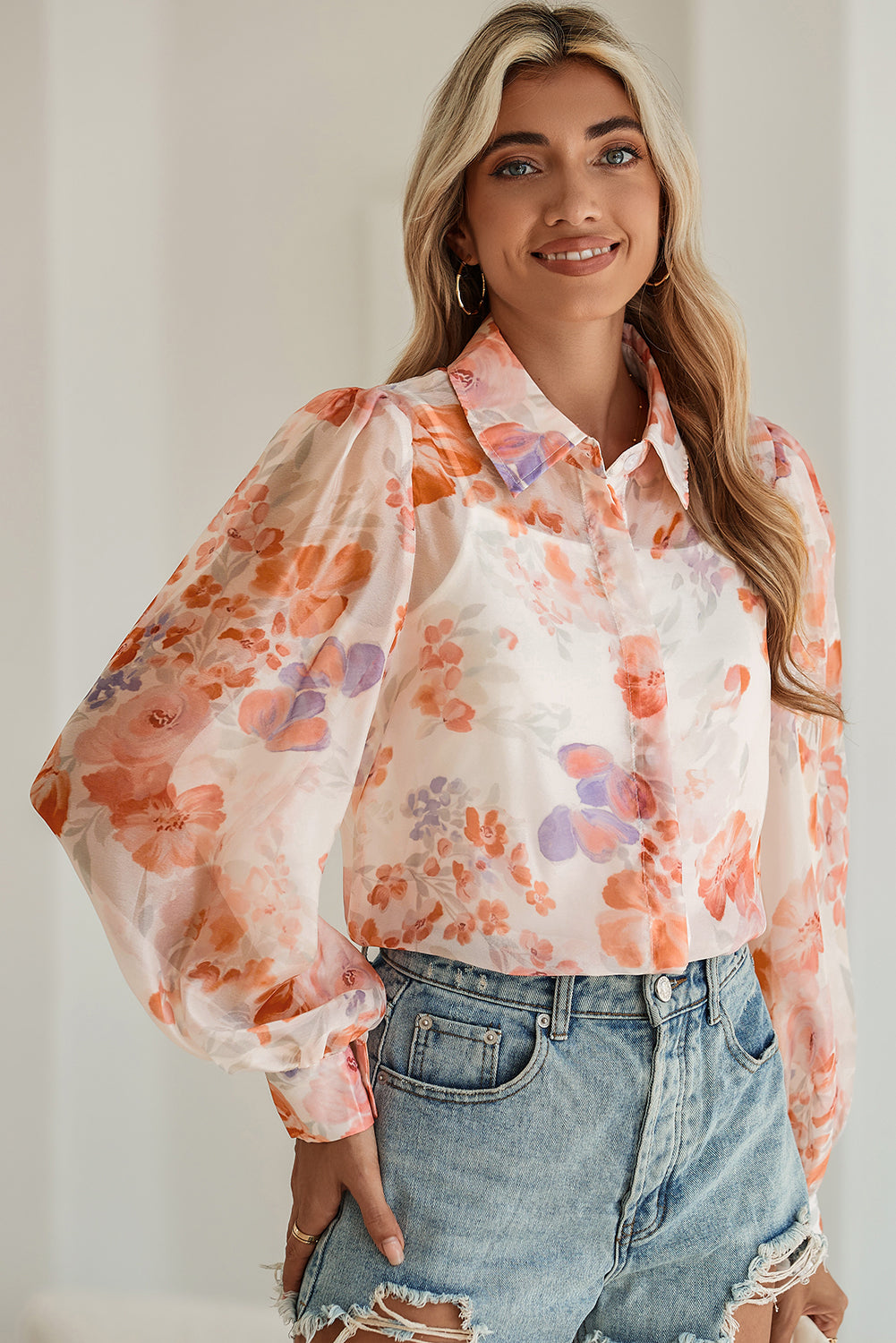 White Floral Print Buttoned Balloon Sleeve Loose Shirt